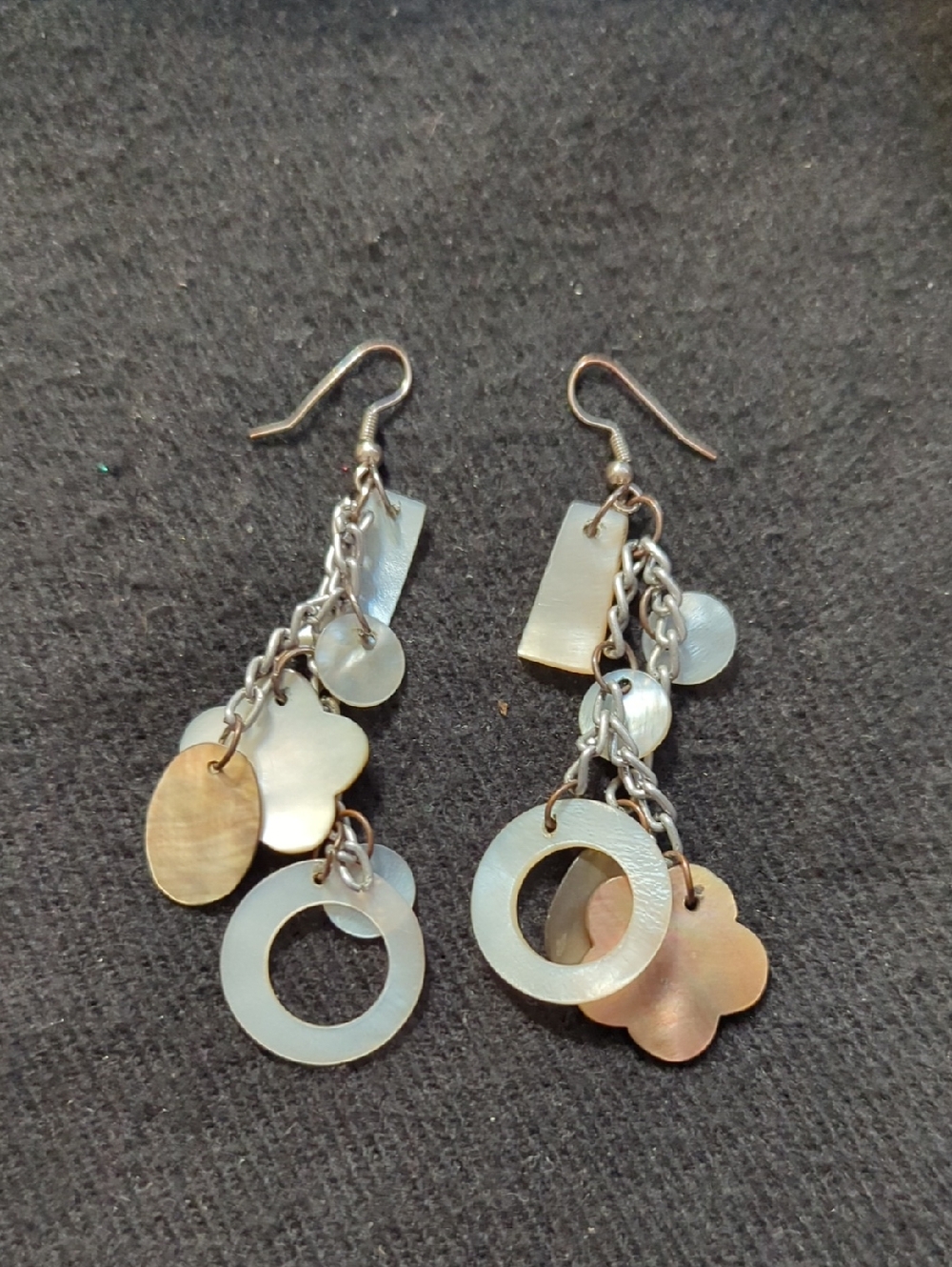 Silver Tone Mother Of Pearl Shell Flower Charm Dangle Drop Statement Earrings